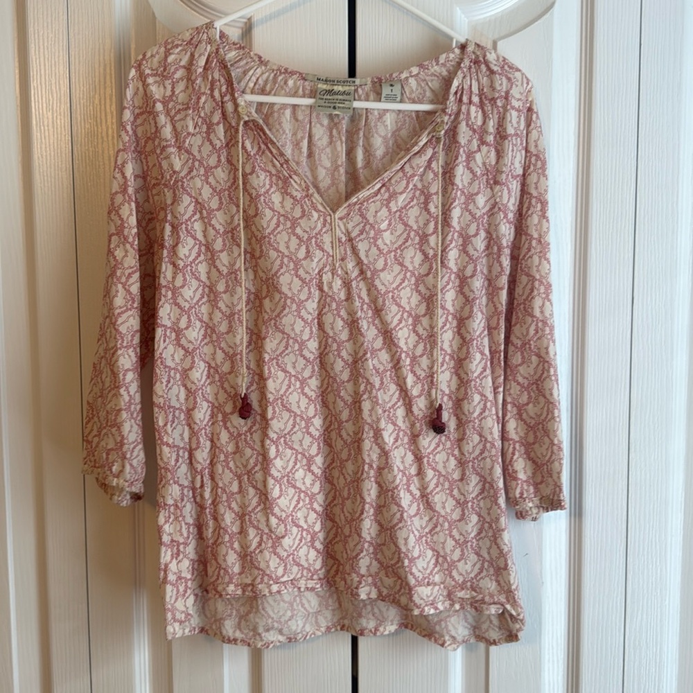 Maison Scotch Summer Henley Top Blouse Cotton Lightweight Pink Tropical Print S